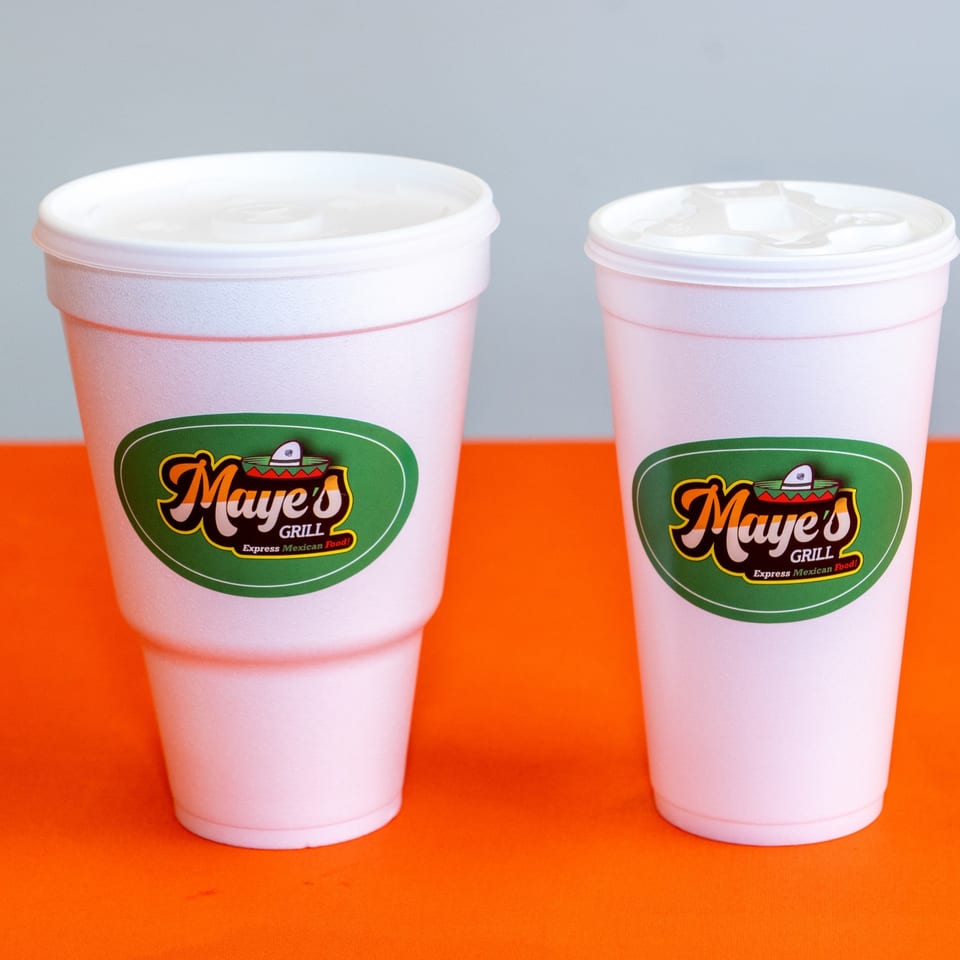 Maye's Grill branded fountain drink cups.