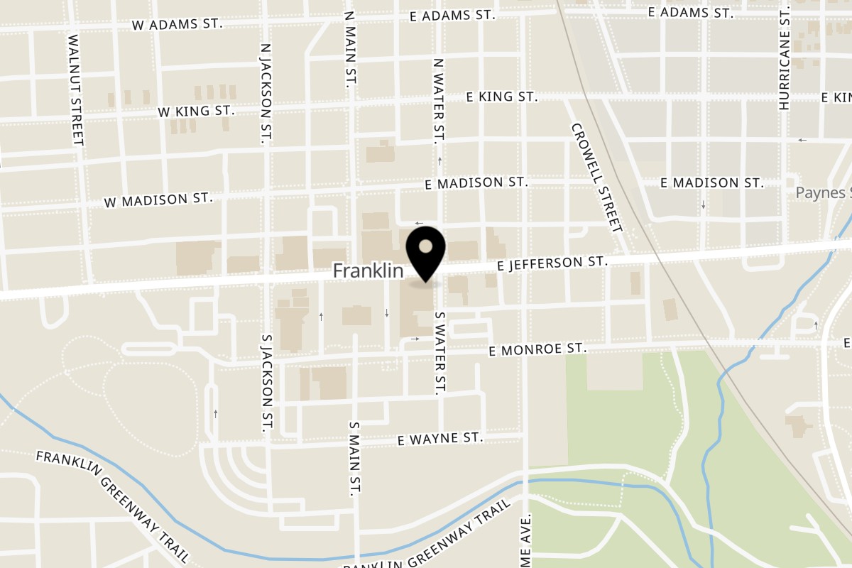 Map showing the location of Maye's Grill Franklin on 89 E Jefferson St in Franklin